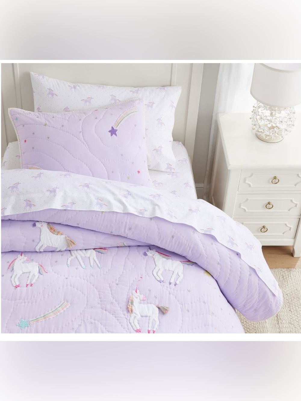 Pottery Barn Kids Rainbow Unicorn Quilt, sham and sheets. Lavender. twin. New